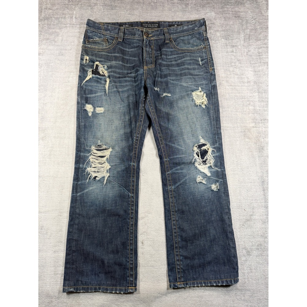 Affliction Jeans Mens 38 Blue Blake Relaxed Straight Distressed Vtg Y2K Grunge